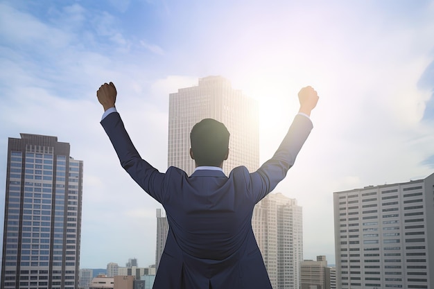Successful businessman raising hand while standing against skyscrapers background