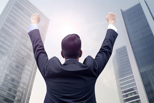 Successful businessman raising hand while standing against skyscrapers background