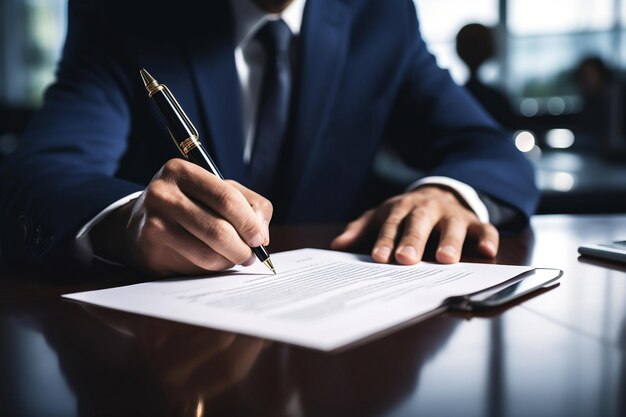 Successful Businessman Signing Contract Beside a Fountain AI