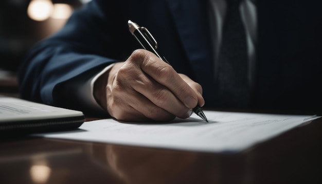 Imprenditore di successo firma un contratto con una penna a sfera sulla scrivania generata dall'intelligenza artificiale