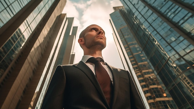 Успешный бизнесмен в костюме на фоне городских небоскребовСоздано с помощью технологии генеративного ИИ