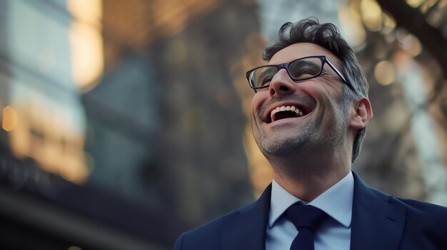 Foto un uomo d'affari di successo in abito e occhiali che ride felice all'aperto.