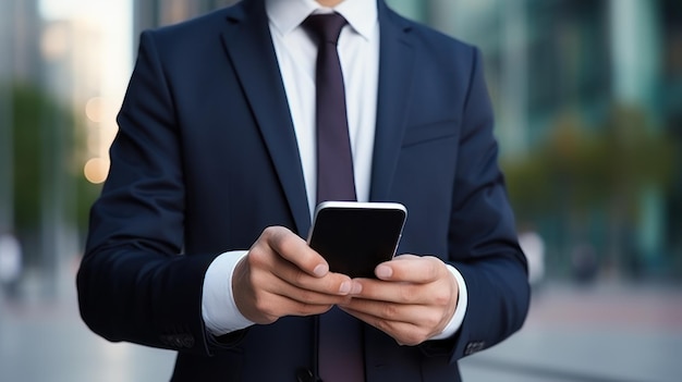 Успешный бизнесмен в костюме держит смартфон и смотрит на экран