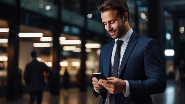 Successful businessman in suit holding smartphone and looking at screen