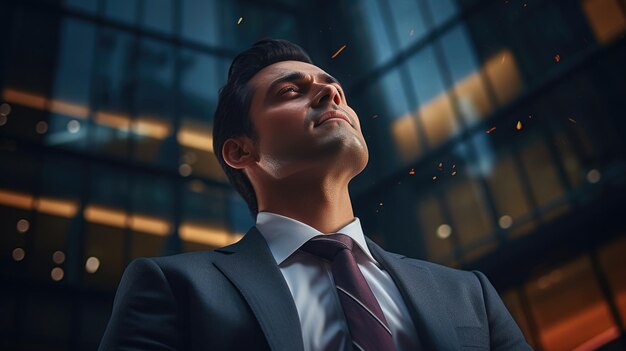 Successful businessman in a suit stands on a city street against the background of a business district with skyscrapers