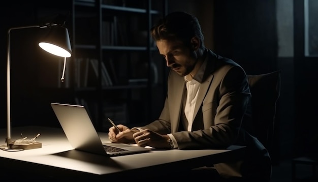 Успешный бизнесмен печатает на ноутбуке в освещенном офисе, созданном ИИ