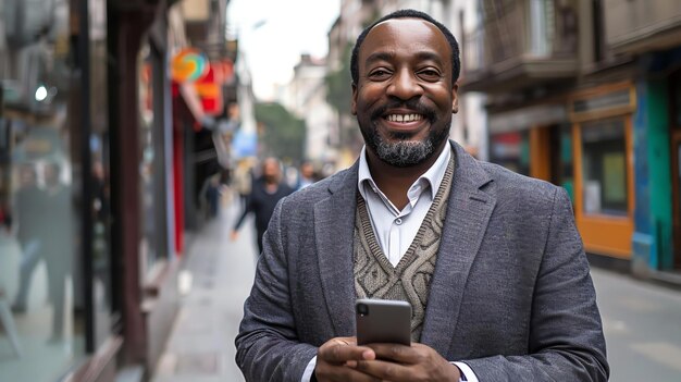 Photo successful businessman using his phone while walking down the street and smiling