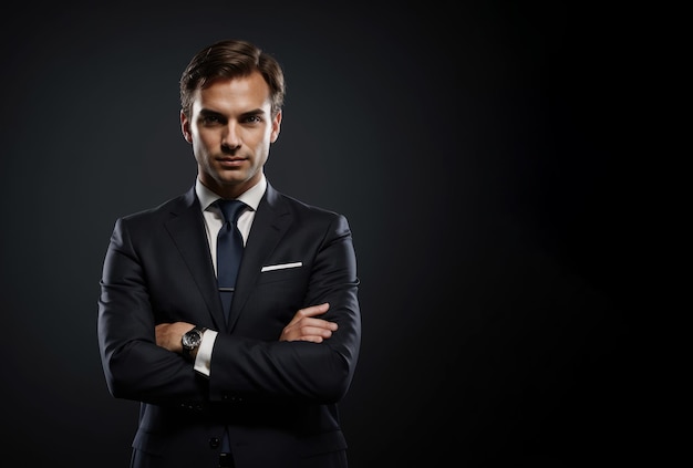 Successful businessman with crossed arms in magnificent suit stands on dark background Boss ceo or business owner proud senior executive director