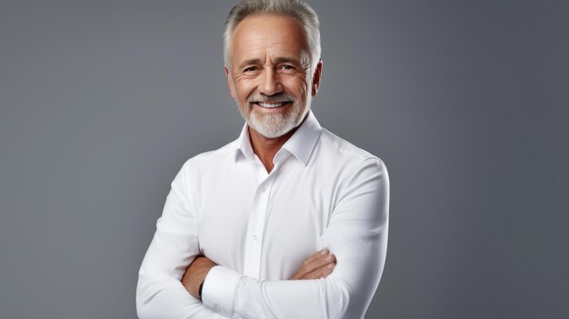 Successful businessman with crossed arms stands on a gray background