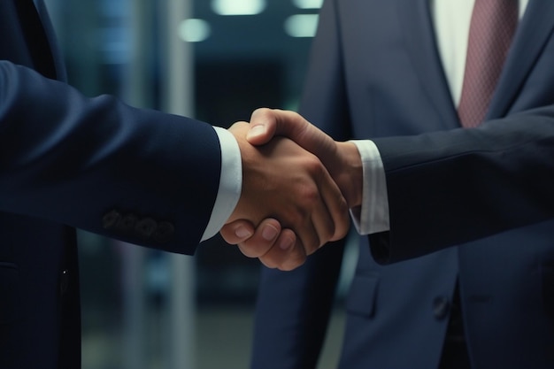 Successful businessmen in suits shaking hands in a corporate business agreement