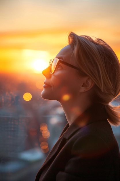 Successful businesswoman contemplating investment in modern city at sunset