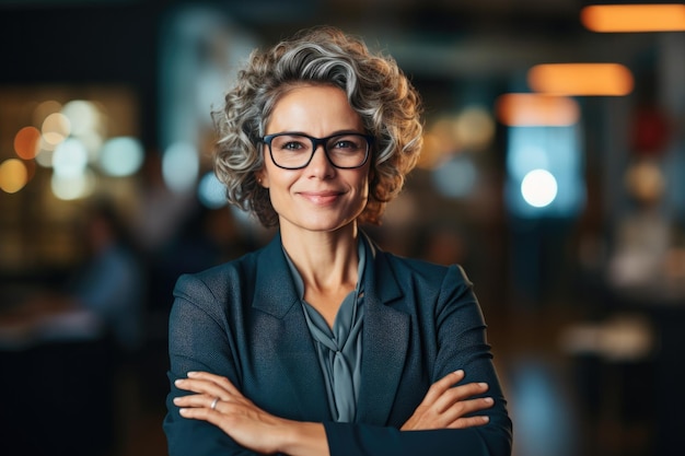 Photo successful businesswoman standing in creative office and looking at camera group of business people with businesswoman leader on foreground