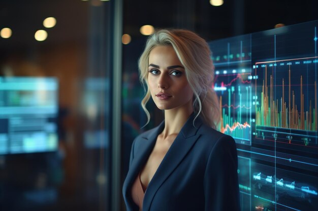 Successful businesswoman standing showing stock market graph Financial concepts for investment