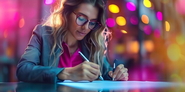 Photo successful businesswoman in a suit signing a document with a pen in her office concept business woman office document sign