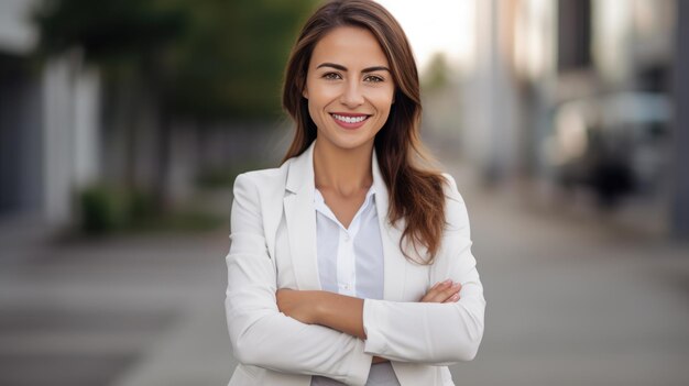 Successful businesswoman with crossed arms stands on a gray background