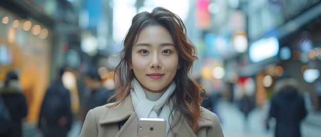 アジアの女性ビジネスマン 韓国人女性ビジネスマン スマートフォンを手に 街の外で