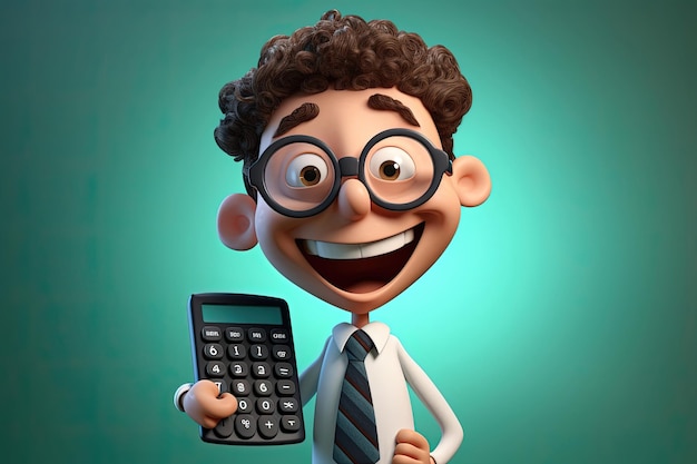 Successful Cartoon Accountant character happy with a Calculator and a Joyful Smile face