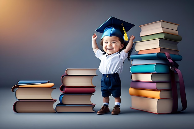 Successful child with graduation cap and backpack full of books