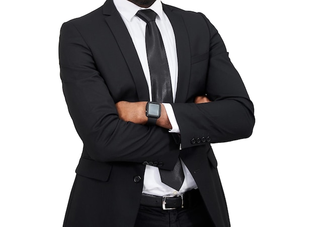 Successful confident african american businessman with folded arms isolated on white background