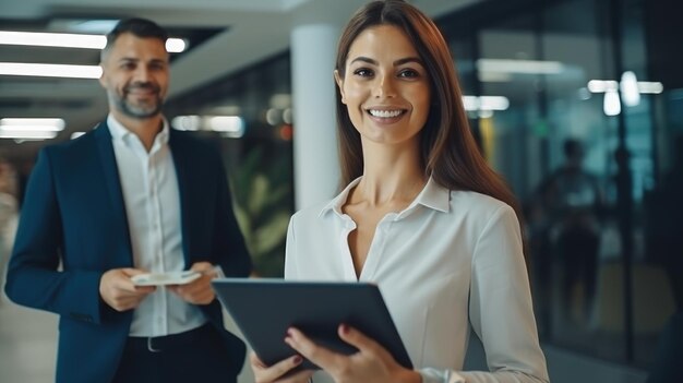 Successful Corporate Teamwork Young Professionals Smiling and Using Digital Tablet