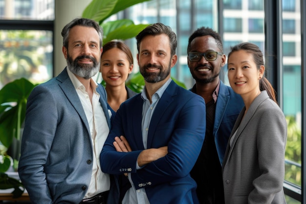 Photo successful diverse international business team of four professional coworkers posing