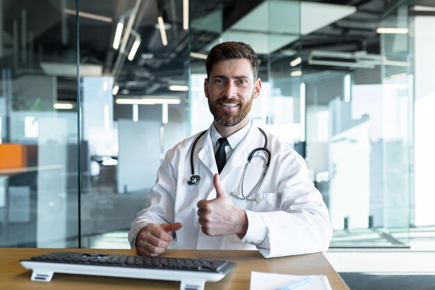 Successful doctor works sitting at the table looks at the camera and smiles makes a positive gesture with his hands happy, works in a modern clinic