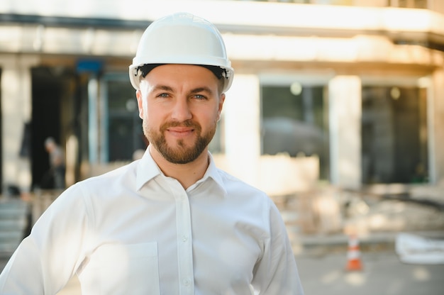 Photo successful engineer or architect, crane and building construction at backgrpound. joyous businessman wearing helmet