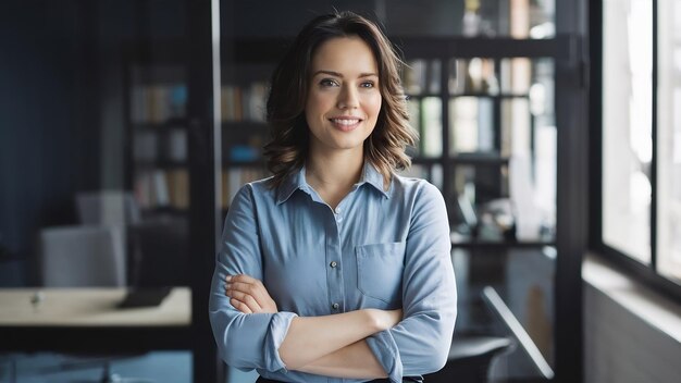Photo successful female entrepreneur in blue collar shirt
