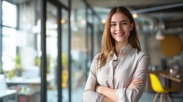 Successful female entrepreneur standing in panoramic office smiling with professional confidence