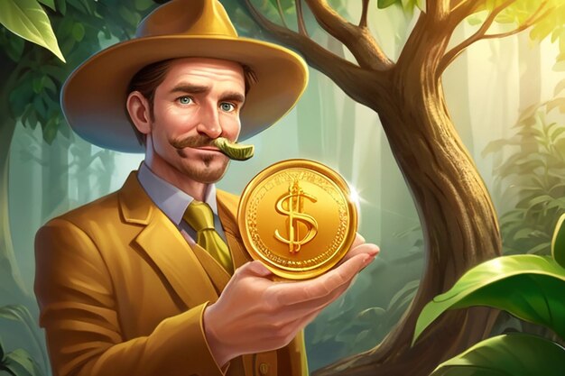 Successful Goldminer Lucky guy close looking golden coin through magnifying glass near the money tree