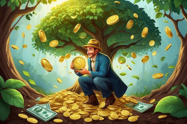 Successful Goldminer Lucky guy close looking golden coin through magnifying glass near the money tree