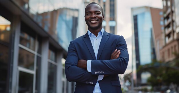 Successful happy smiling black businessman standing in the city wearing suit looking at camera