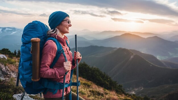 Successful hiker woman with backpack on the top of the mountain looking the skyline