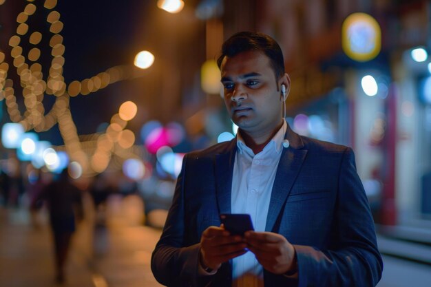 Successful Indian businessman using smartphone outdoors at night