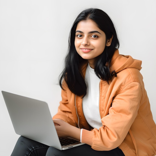 Successful indian young woman student freelancer using laptop watching webinars working remotely elearning ecommerce online isolated in white background Generative Ai