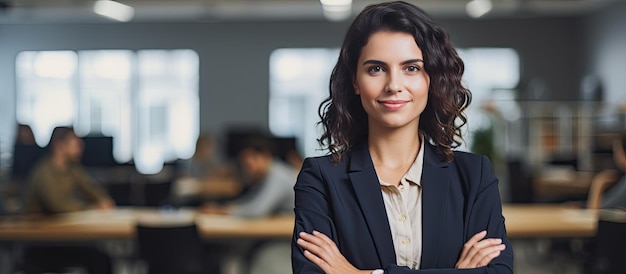 Successful Latin businesswoman smiling with crossed arms standing in a modern office