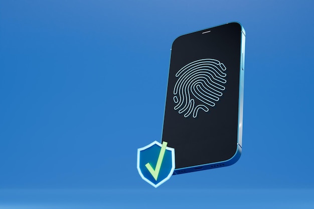 Successful login Smartphone with fingerprint and tick successful operation on a blue background