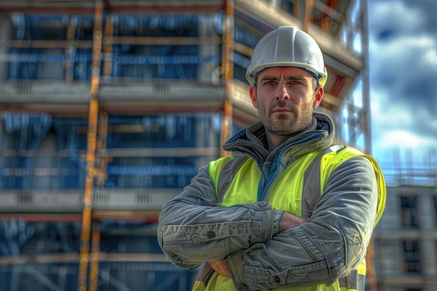 Successful male architect at a building site with arms crossed