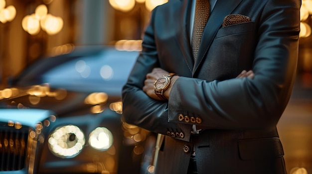 Photo successful male businessman next to an expensive luxury car