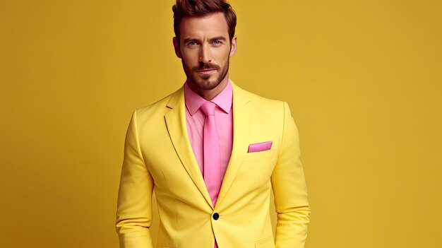 Foto ceo maschio di successo che sembra sicuro ed elegante in un abito giallo alla moda isolato su uno sfondo rosa