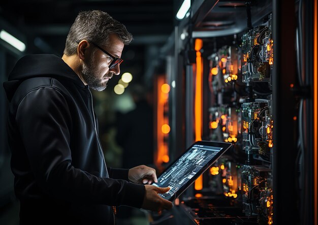 Successful male Data Center IT Specialist Using Tablet Computer