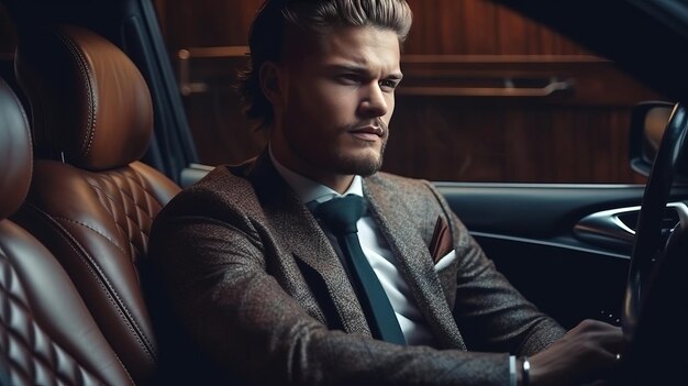 Photo successful man in a business suit sitting in luxurious leather car interior