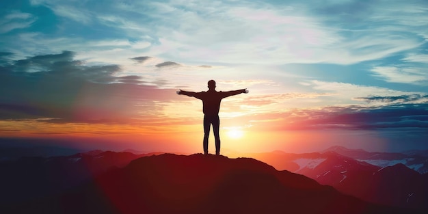 Foto l'uomo di successo celebra la vittoria nel pragma del tramonto