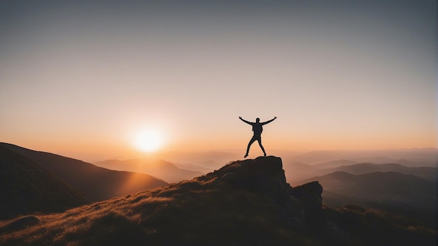 Foto uomo di successo che celebra il successo sul salto di montagna con il tramonto