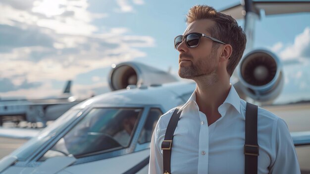 Photo a successful man in his 30s is standing in front of his private jet he is wearing a white shirt suspenders and sunglasses