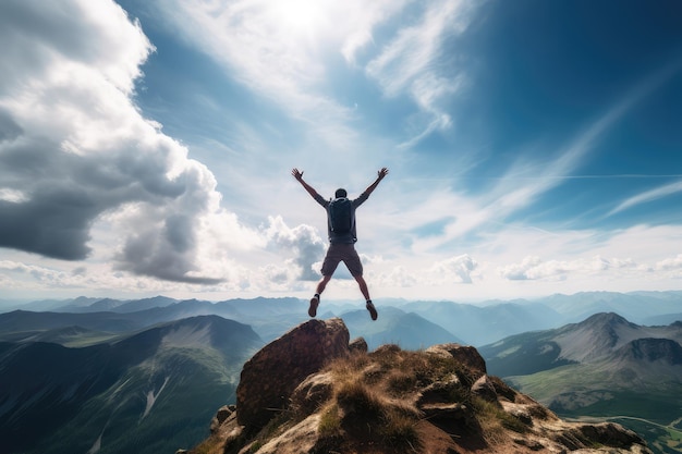 Successful man jumping on the top of a mountain with his hands up