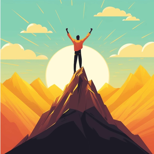 Successful man standing on top of a mountain Success concept vector illustration