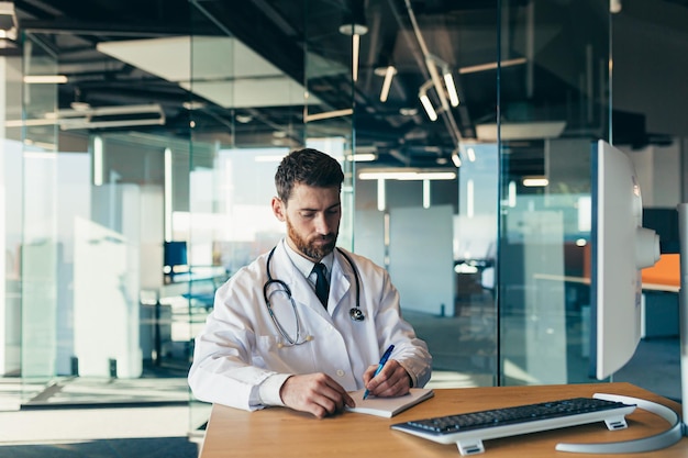 Medico maturo di successo con la barba, in una clinica moderna che lavora su un computer, studia online e migliora le abilità