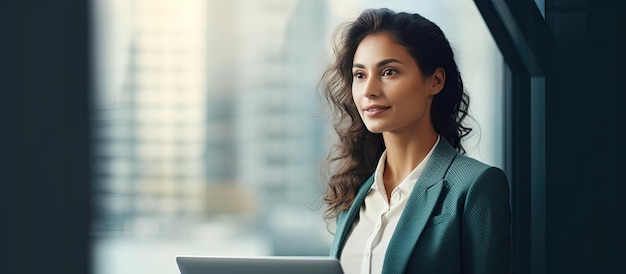 Successful modern businesswoman having a conversation with partner and using laptop in office standing by window