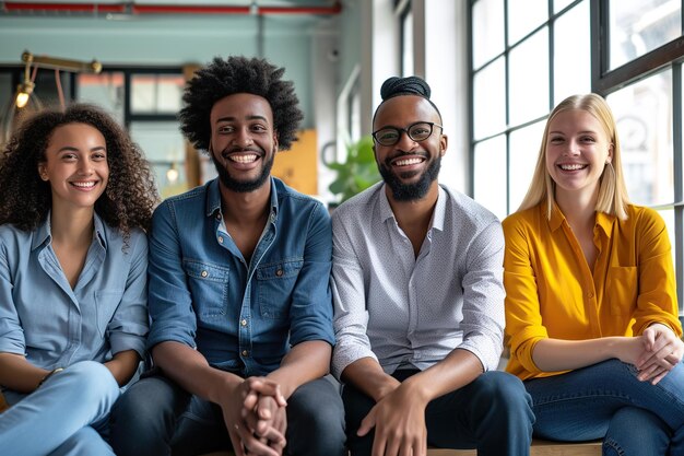 Successful multiracial business team smiling and sitting together in a startup office